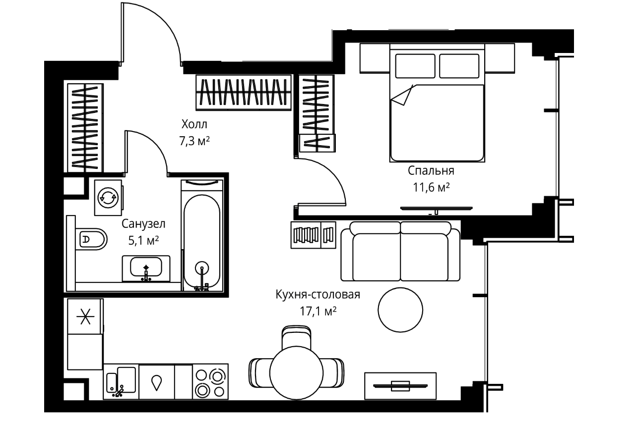 Планировка: 1-комнатная квартира 41,1 м² в ЖК «Веер»