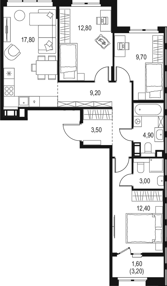 Планировка: Квартира евро-4 73,3 м² в ЖК «Левел Мечникова»