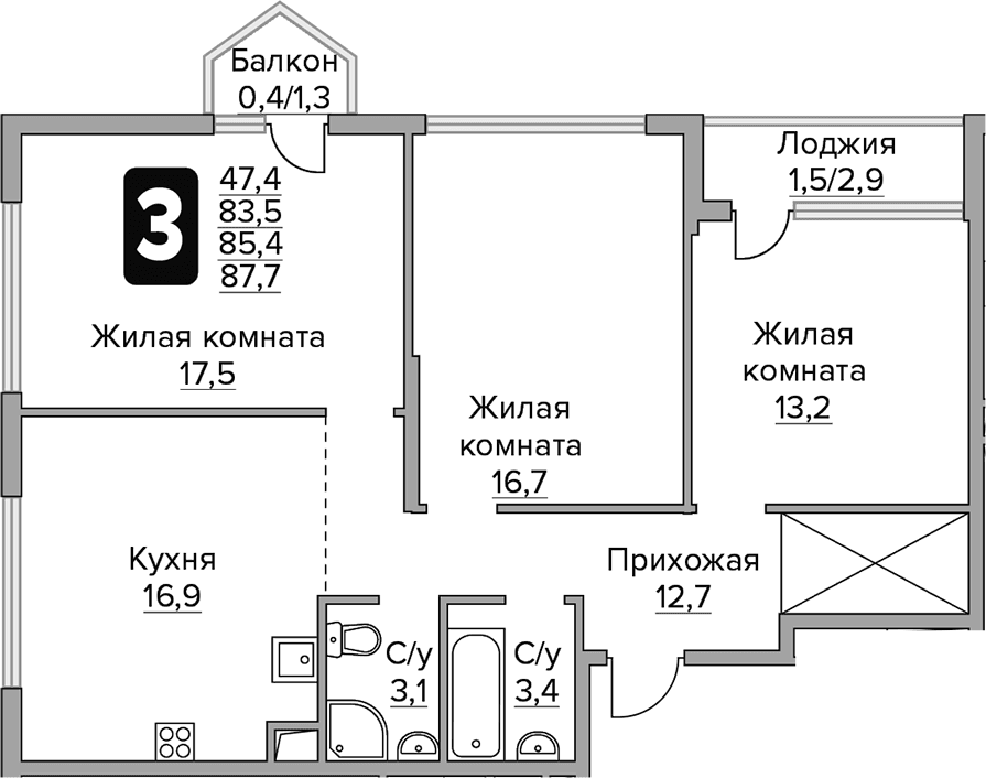 3-комнатная квартира