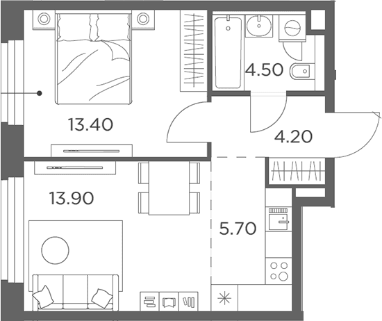 Планировка: Евродвушка 43,5 м² в ЖК «Белый Град»