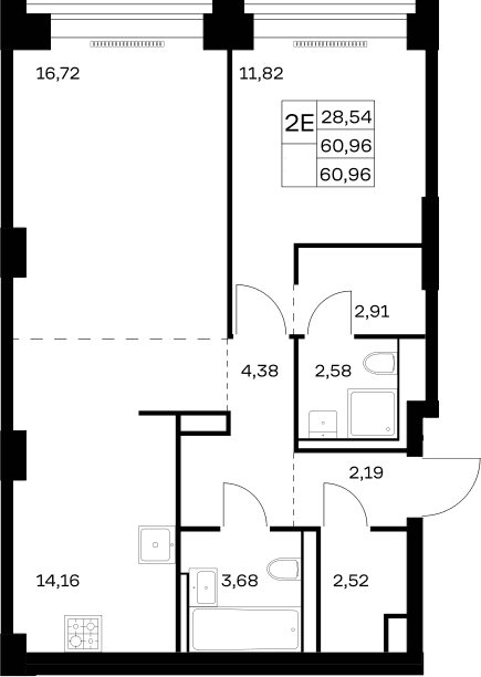 Планировка: Евродвушка 61 м² в ЖК «НОВА»