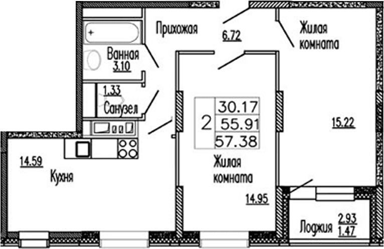 Планировка: 2-комнатная квартира 55,9 м² в ЖК «Клевер»