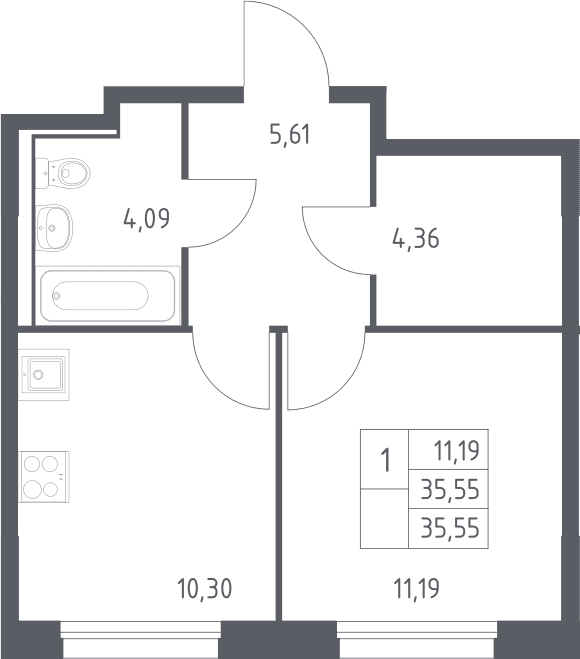 Планировка: 1-комнатная квартира 35,6 м² в ЖК «Прибрежный Парк»