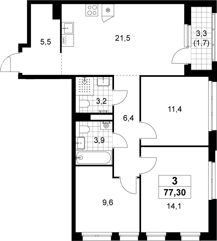 Планировка: Квартира евро-4 75,6 м² в ЖК «Деснаречье»