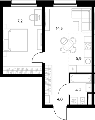 Планировка: Евродвушка 47,3 м² в ЖК «Адмирал»