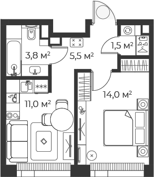 Планировка: 1-комнатная квартира 35,8 м² в ЖК «Веер»