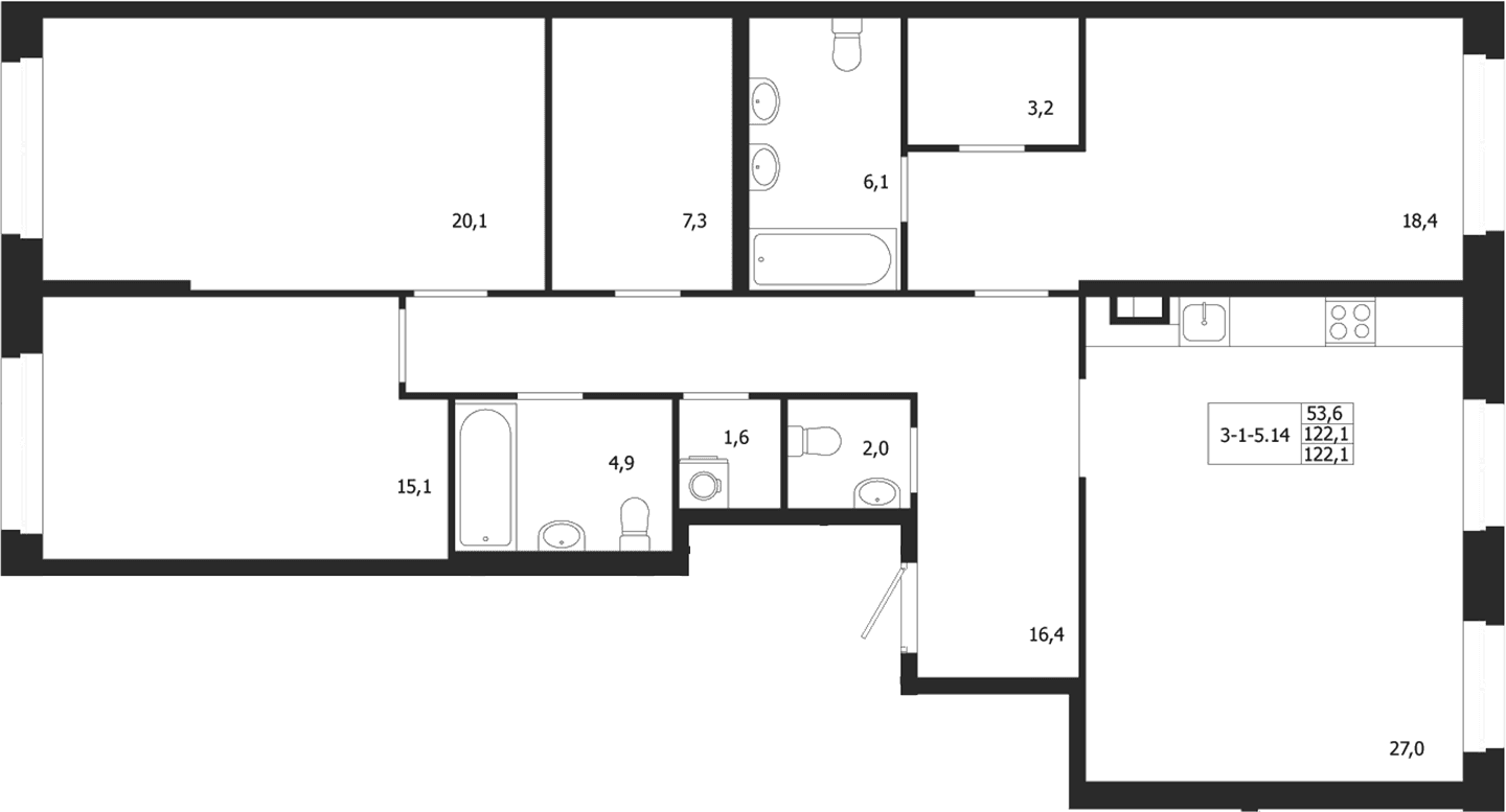 Планировка: 3-комнатная квартира 122,1 м² в ЖК «ЛДМ»