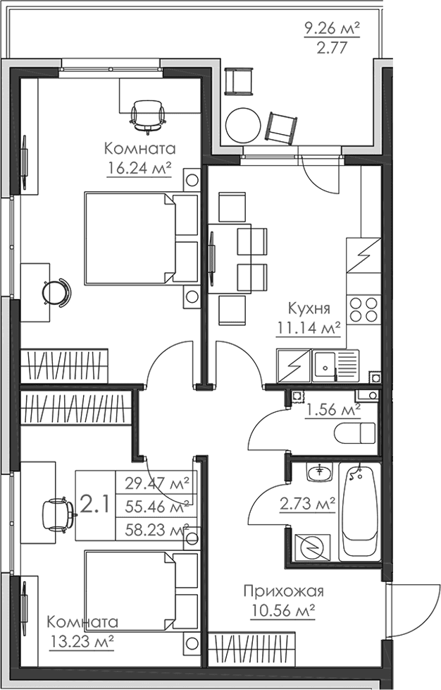 Планировка: 2-комнатная квартира 55,5 м² в ЖК «Малая Финляндия»