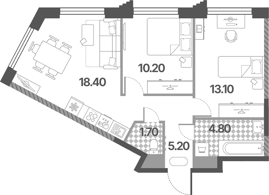 Планировка: Евротрёшка 53,4 м² в ЖК «Обручева 30»