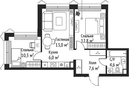 Планировка: Евротрёшка 54,3 м² в ЖК «СЕТ»