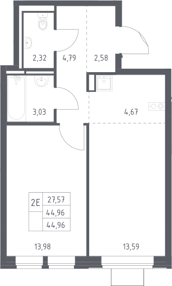 Планировка: Евродвушка 45 м² в ЖК «Богдановский лес»