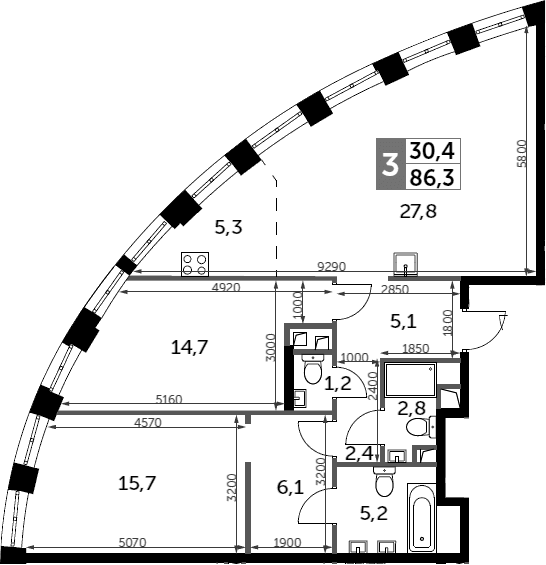 Планировка: Евротрёшка 86,3 м² в ЖК «Сидней Сити»