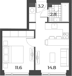 Планировка: 1-комнатная квартира 32,4 м² в ЖК «Вейв»