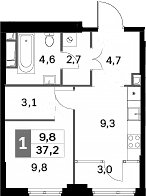 Планировка: 1-комнатная квартира 34,2 м² в ЖК «Сидней Сити»