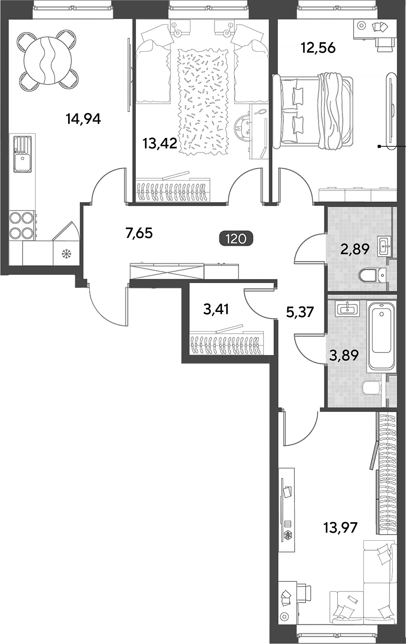 Планировка: 3-комнатная квартира 78,1 м² в ЖК «Космопарк»