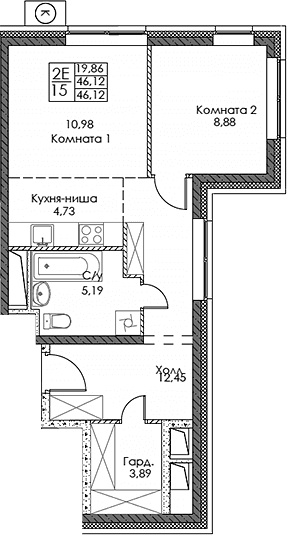 Планировка: Евродвушка 46,1 м² в ЖК «ЭВОПАРК Сокольники»
