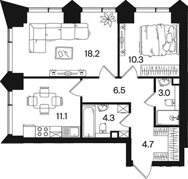 Планировка: 2-комнатная квартира 58,1 м² в ЖК «РАКУРС»