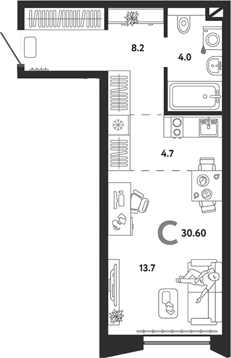 Планировка: Студия 30,6 м² в ЖК «Страна.Озерная»