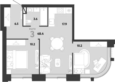Планировка: Евротрёшка 48,4 м² в ЖК «Страна.Заречная»