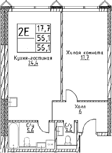 Планировка: Евродвушка 56,1 м² в ЖК «Наметкин Тауэр»