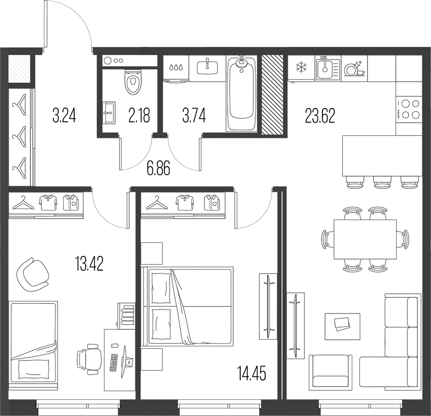 Планировка: Евротрёшка 67,5 м² в ЖК «Легенда Васильевского»