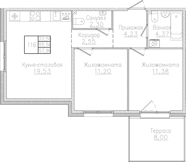 Планировка: Евротрёшка 55,6 м² в ЖК «Счастье 2.0»