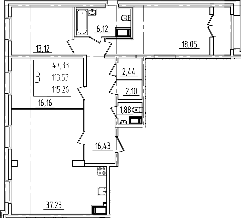 Планировка: Квартира евро-4 113,8 м² в ЖК «Дефанс»