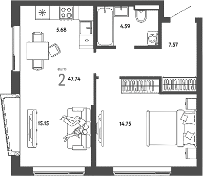Планировка: Евродвушка 47,7 м² в ЖК «Страна.Парковая»
