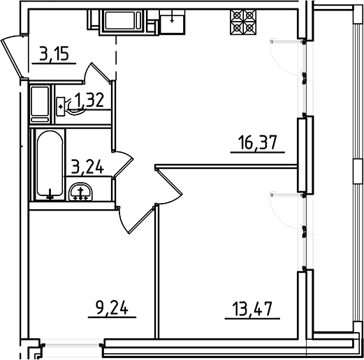 Планировка: Евротрёшка 46,8 м² в ЖК «Старлайт»