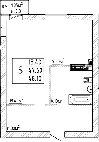 Планировка: Студия 47,6 м² в ЖК «Куралева, 13»