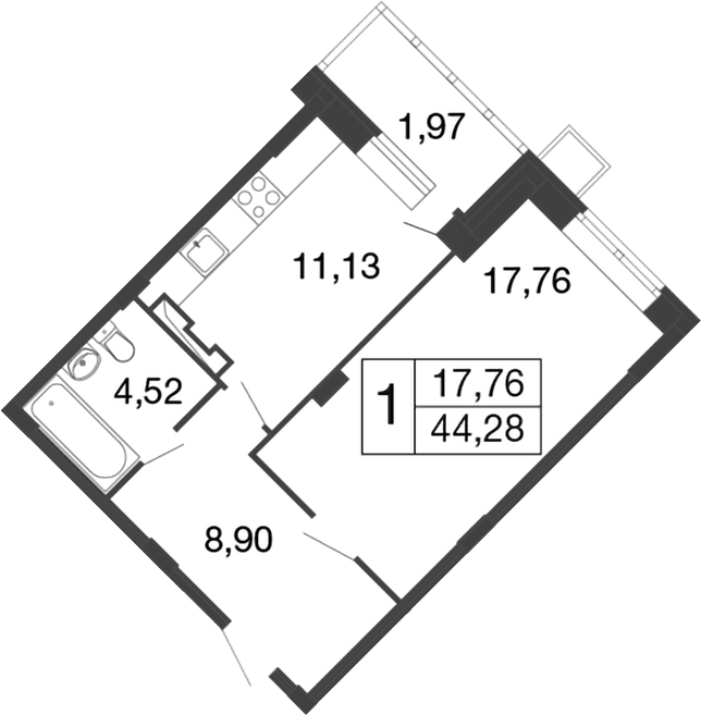 Планировка: 1-комнатная квартира 42,3 м² в ЖК «Времена года»