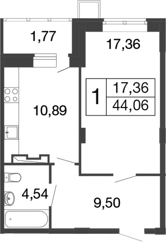 Планировка: 1-комнатная квартира 42,3 м² в ЖК «Времена года»