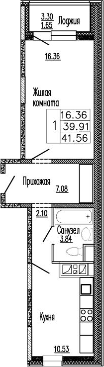 Планировка: 1-комнатная квартира 41,3 м² в ЖК «Клевер»