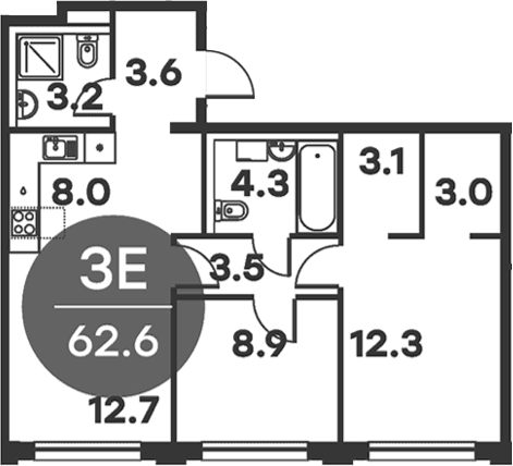 Планировка: Евротрёшка 62,6 м² в ЖК «Равновесие»