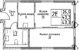 Планировка: Евродвушка 43,3 м² в ЖК «Наметкин Тауэр»