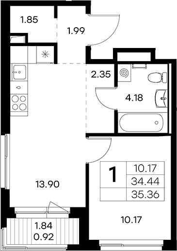 Планировка: Евродвушка 34,4 м² в ЖК «Новоселье»