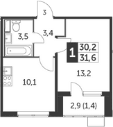 Планировка: 1-комнатная квартира 30,2 м² в ЖК «Южная Битца»