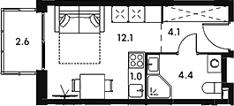 Планировка: Студия 21,6 м² в ЖК «Аквилон Сигнал»