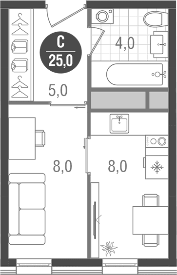 Планировка: Студия 25 м² в ЖК «Кантемировский»