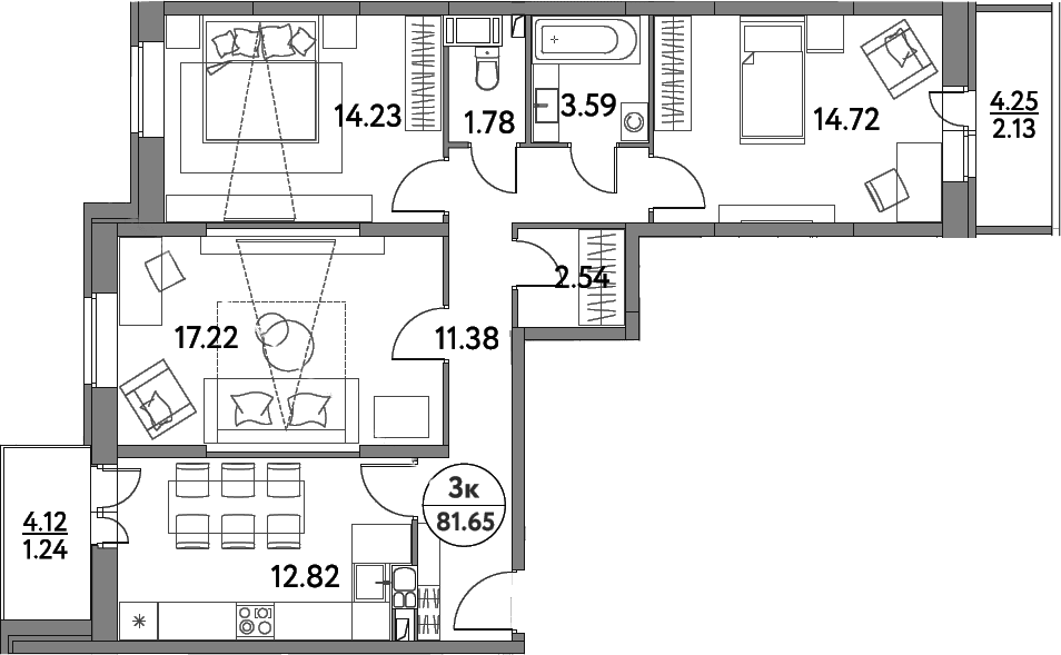 Планировка: 3-комнатная квартира 78,3 м² в ЖК «Дом на Сиреневой»