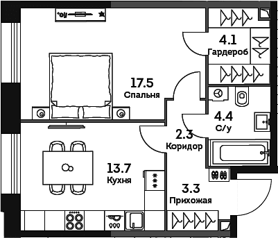 Планировка: 1-комнатная квартира 45,3 м² в ЖК «ЭРА»