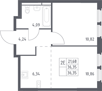 Планировка: Евродвушка 36,4 м² в ЖК «Космический Квартал»