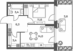 Планировка: Евродвушка 38,8 м² в ЖК «Портленд»