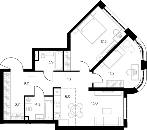 Планировка: Евротрёшка 78,6 м² в ЖК «Адмирал»