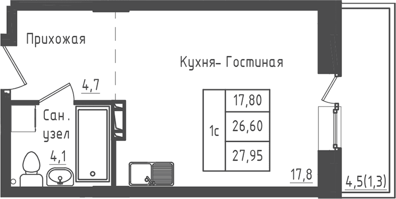 Планировка: Студия 26,6 м² в ЖК «Зеленый город»
