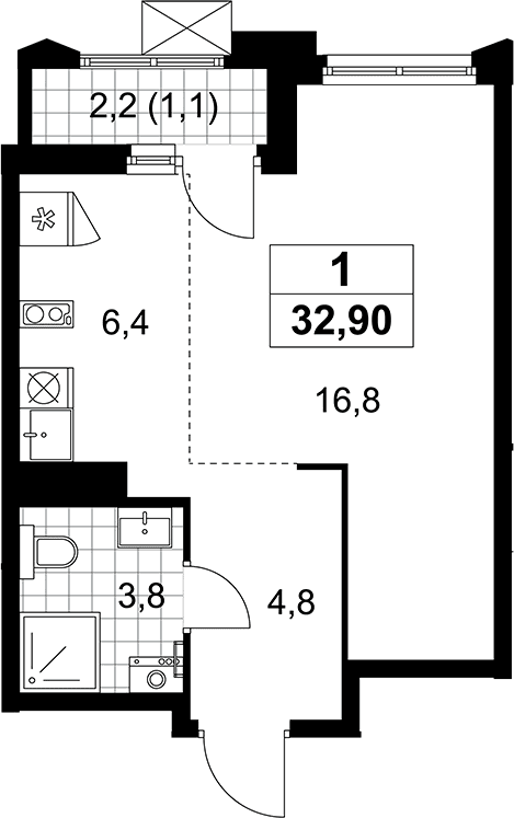 Планировка: Студия 31,8 м² в ЖК «Деснаречье»