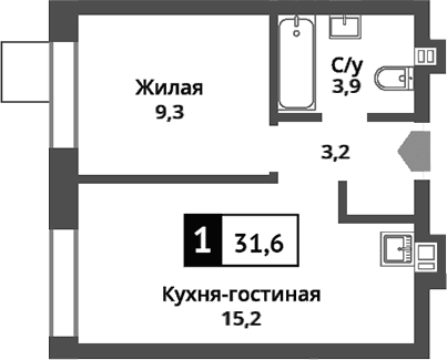 Планировка: Евродвушка 31,6 м² в ЖК «Никольский квартал Отрада»