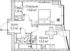 Планировка: 1-комнатная квартира 39,7 м² в ЖК «СЕЗАР БУДУЩЕЕ»