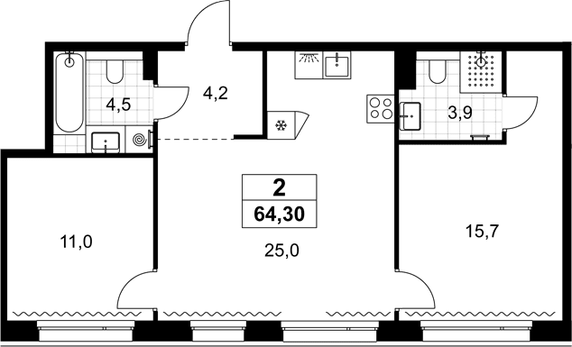 Планировка: Евротрёшка 64,3 м² в ЖК «Хольм»