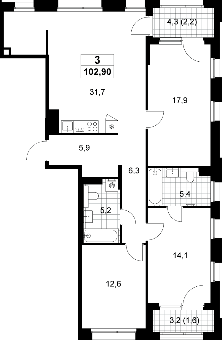 Планировка: Квартира евро-4 99,1 м² в ЖК «Хольм»